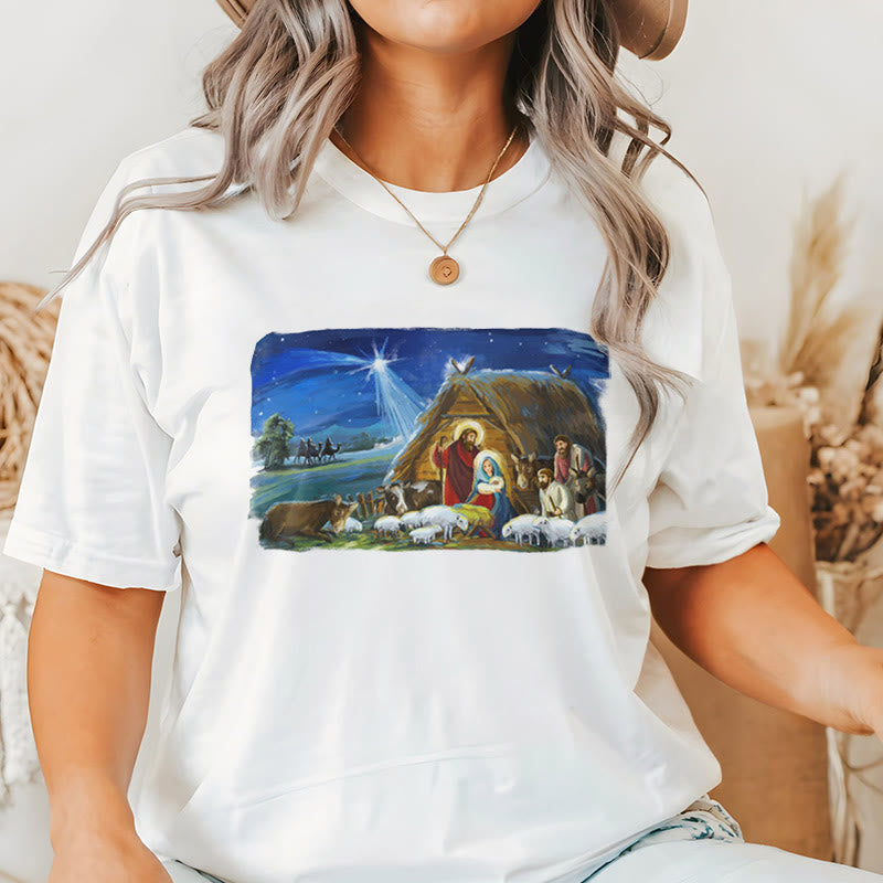 T-shirt à manches courtes Christianartworkshop, style coloré, étoile de Bethléem, scène de la Nativité - image 1