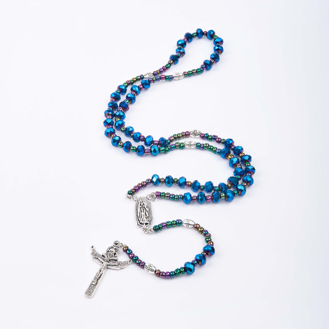 Christianartworkshop Chapelet Notre-Dame de Guadalupe et Croix de la Trinité en cristal bleu polyédrique de 4 x 6 mm, cordon en nylon - image 5