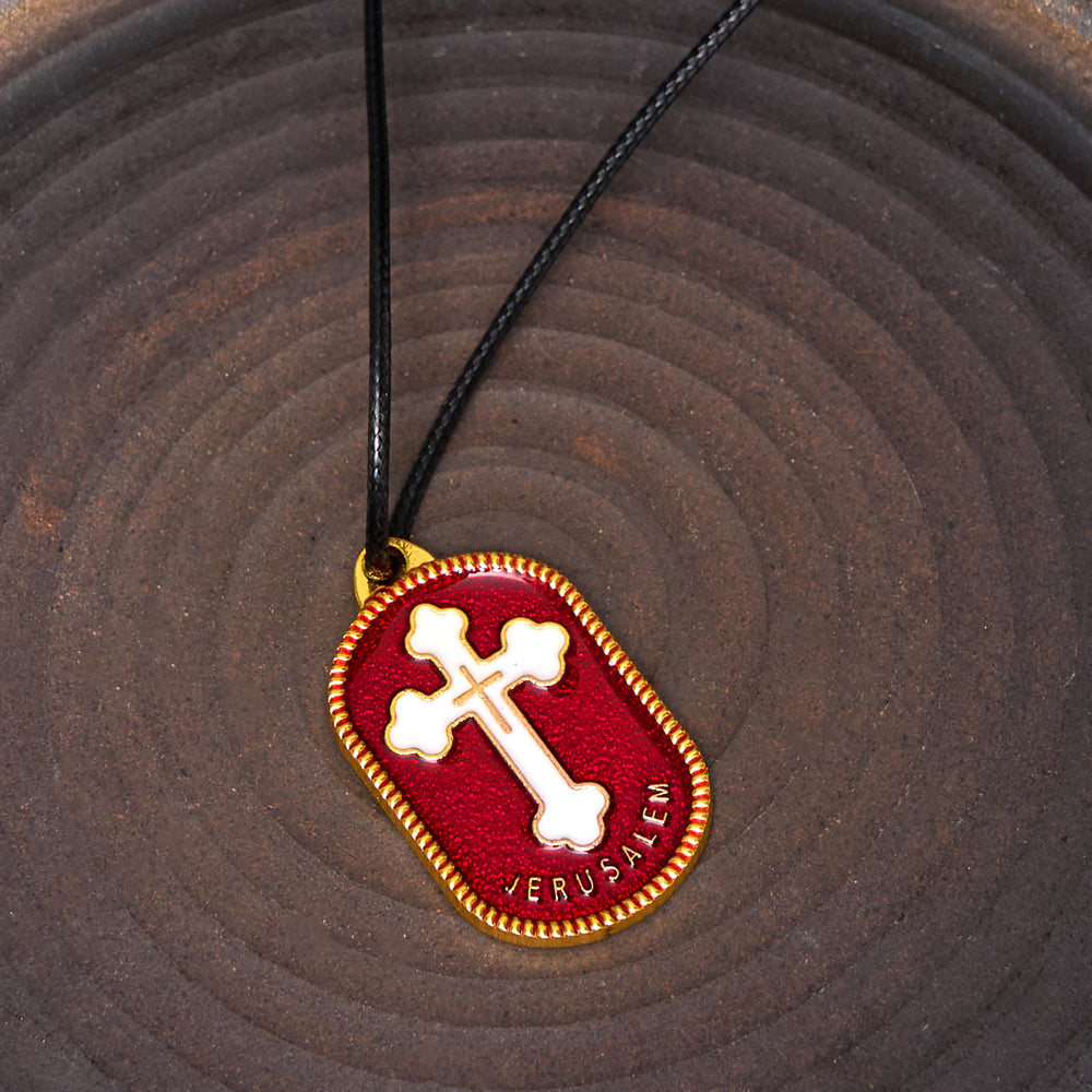 Christianartworkshop Collier pendentif croix de Jérusalem au design moderne, symbole de protection - Rouge - Cordon en cuir - image 1