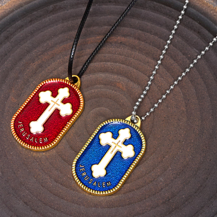 Christianartworkshop Collier pendentif croix de Jérusalem au design moderne, symbole de protection - Rouge - Chaîne de perles - image 0