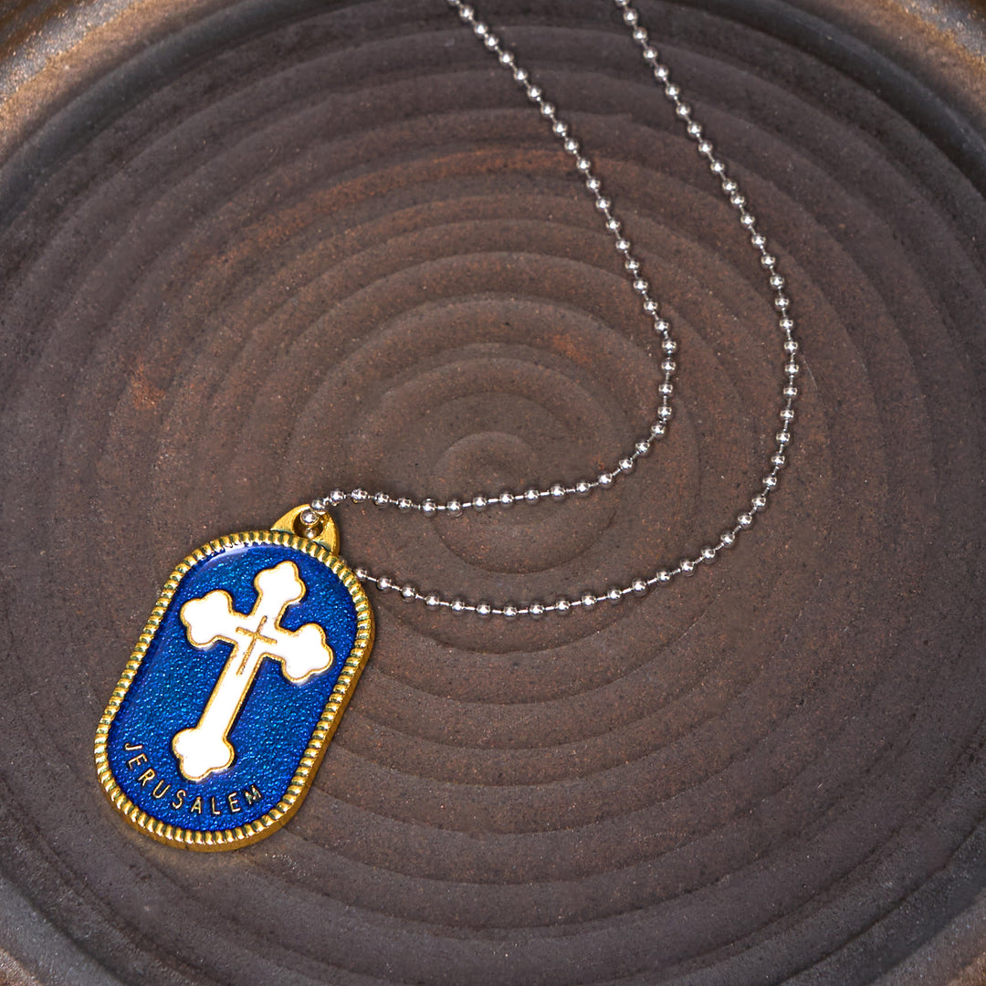 Christianartworkshop Collier pendentif croix de Jérusalem au design moderne, symbole de protection - Bleu - Cordon en cuir - image 2