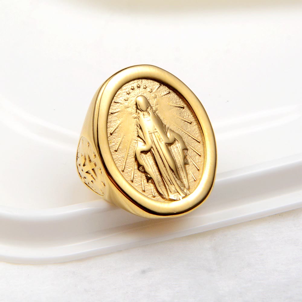Bague de foi avec médaille miraculeuse de la Vierge Marie, style minimaliste classique, réalisée par Christianartworkshop. - image 0