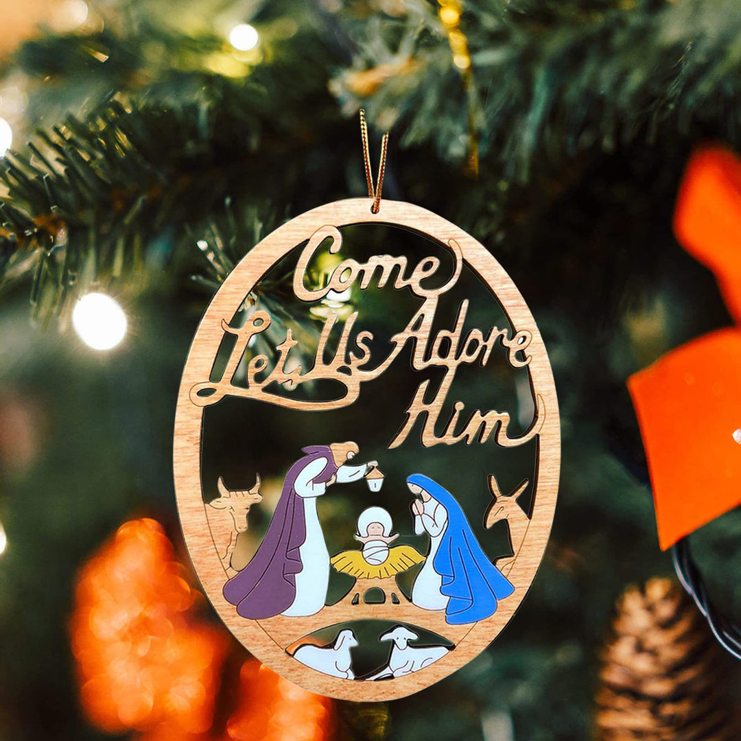 Christianartworkshop Crèche de Noël rustique aux couleurs chatoyantes - Venez, adorons-le - Décorations suspendues - Crèche - image 0