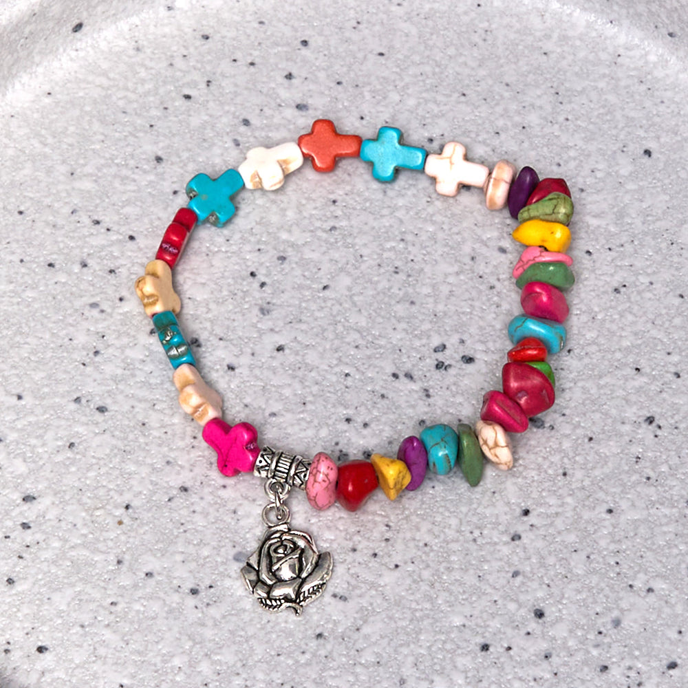Bracelet turquoise coloré style bohème Vierge Marie rose et croix Christianartworkshop - image 1