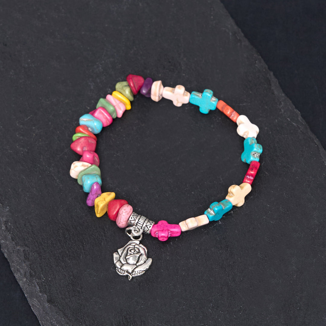 Bracelet turquoise coloré style bohème Vierge Marie rose et croix Christianartworkshop - Multicolore - image 0