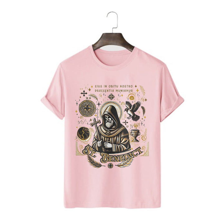 T-shirt à manches courtes Christianartworkshop style classique avec la bénédiction de saint Benoît - Rose - 2XL - image 11