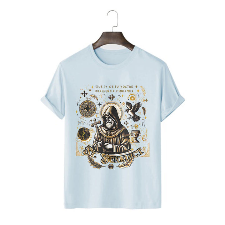 T-shirt à manches courtes Christianartworkshop style classique avec la bénédiction de saint Benoît - Bleu - 2XL - image 15