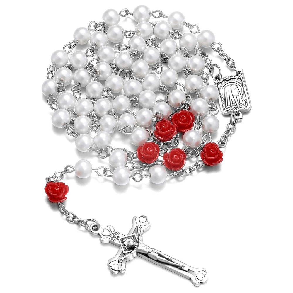 Christianartworkshop Chapelet en alliage de perles multicolores rondes de 6 mm, orné d'une Vierge de profil et d'un crucifix (8 couleurs) - Blanc - image 1