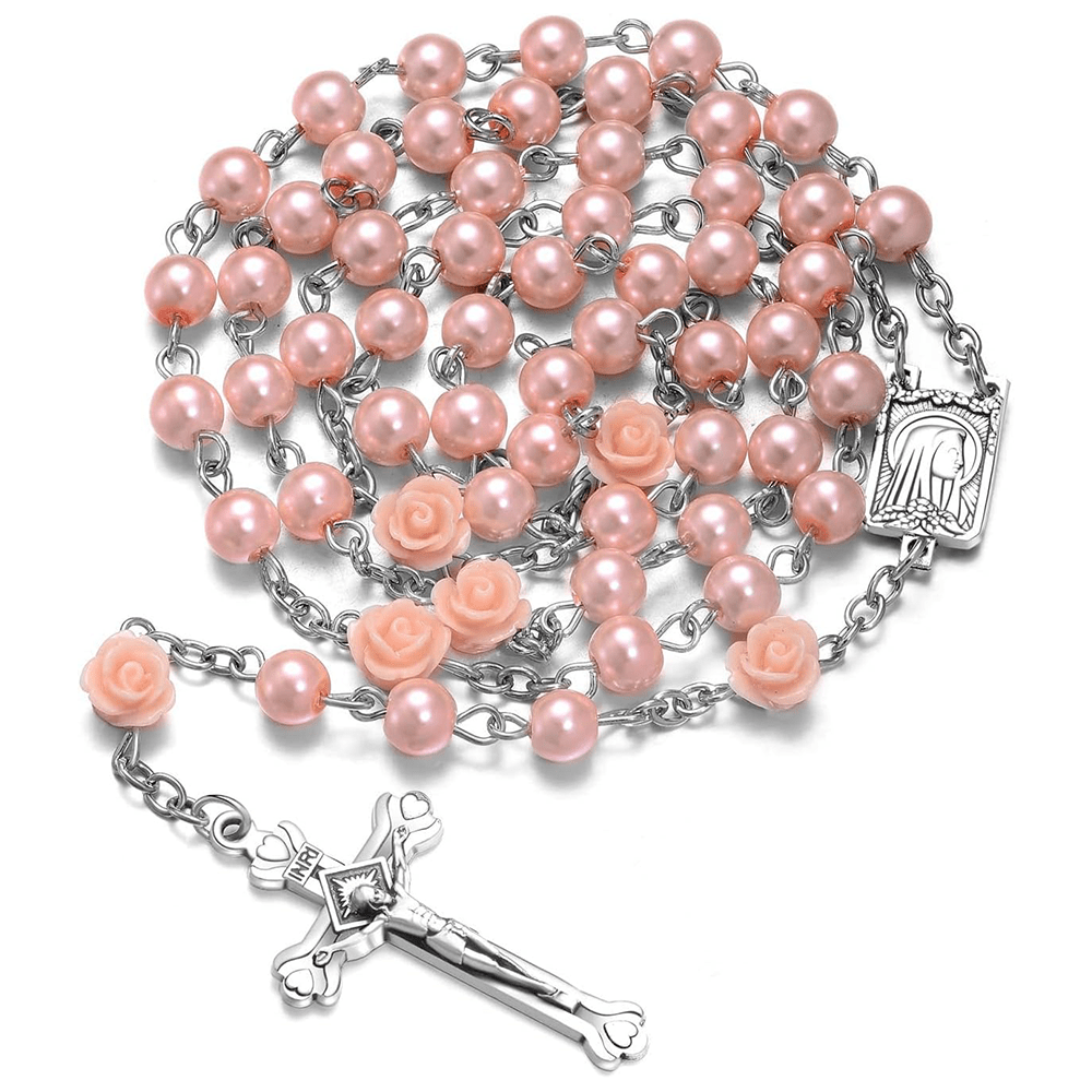 Christianartworkshop Chapelet en alliage de perles multicolores rondes de 6 mm, orné d'une Vierge de profil et d'un crucifix (8 couleurs) - Rose - image 0