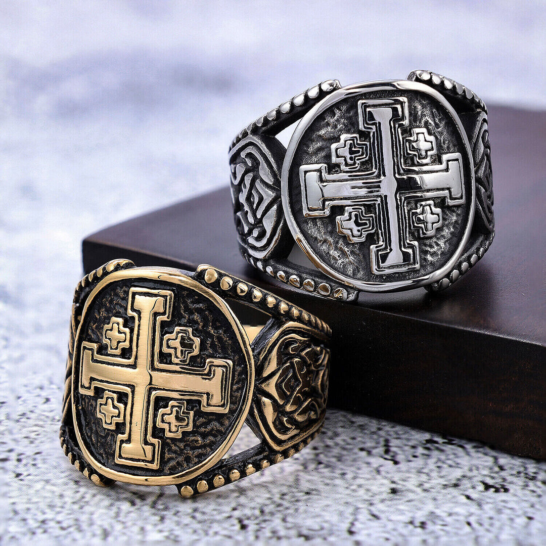 Bague en alliage avec croix de Jérusalem, style classique et artisanal ancien, signée Christianartworkshop - image 1