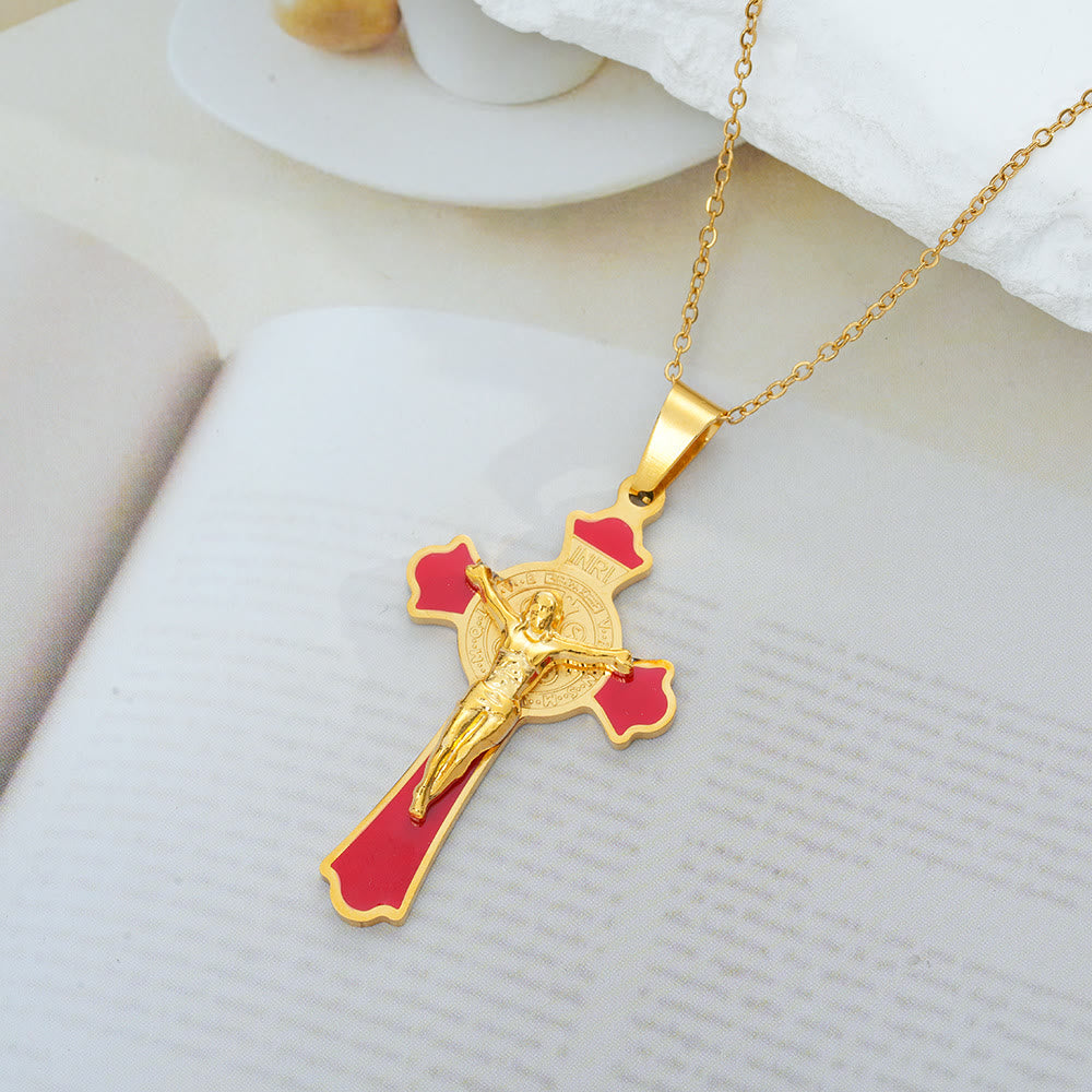 Christianartworkshop Collier pendentif croix de style classique moderne multicolore avec médaille de protection de Saint Benoît (8 couleurs) - Rouge doré - image 0