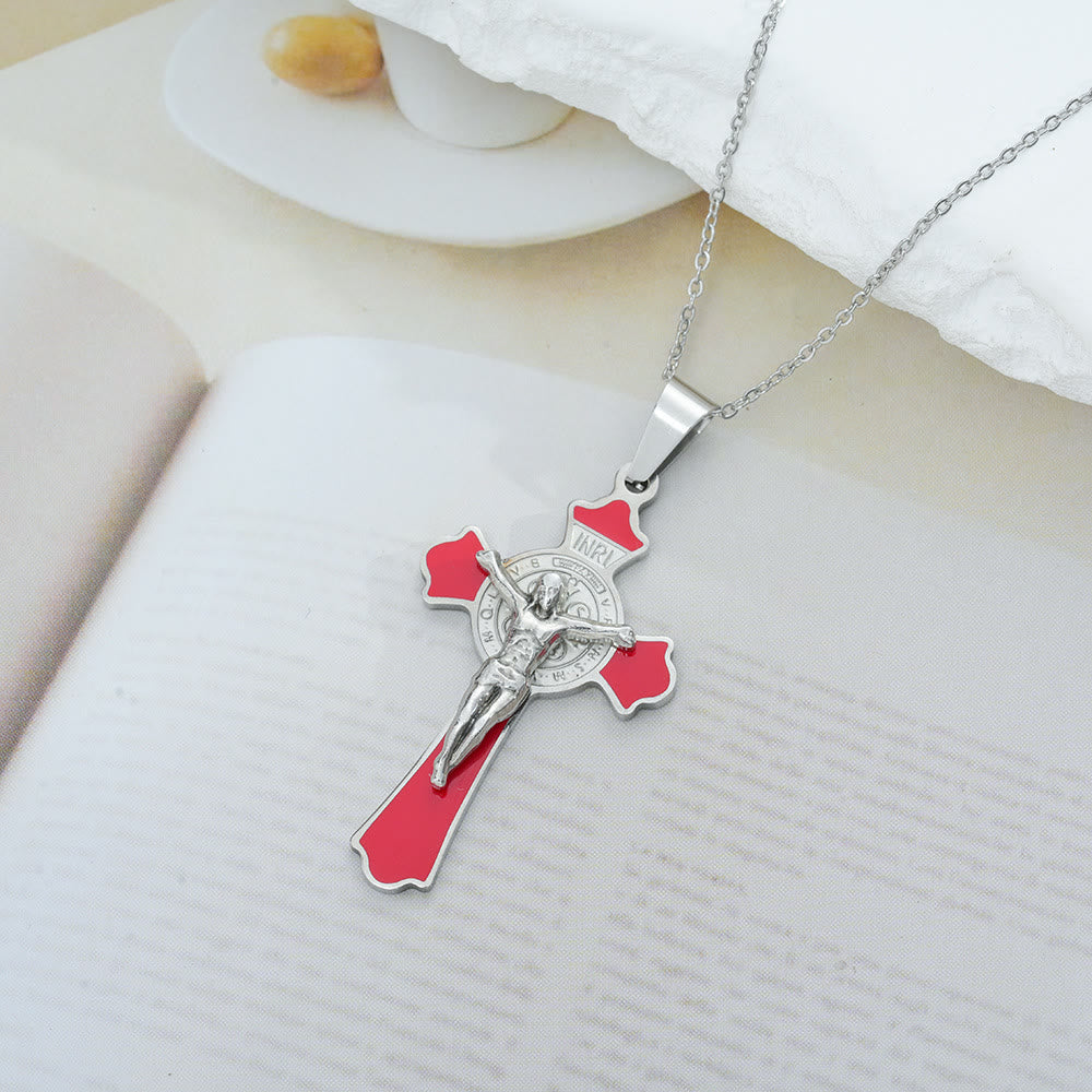 Christianartworkshop Collier pendentif croix de style classique moderne multicolore avec médaille de protection de Saint Benoît (8 couleurs) - Rouge argenté - image 1