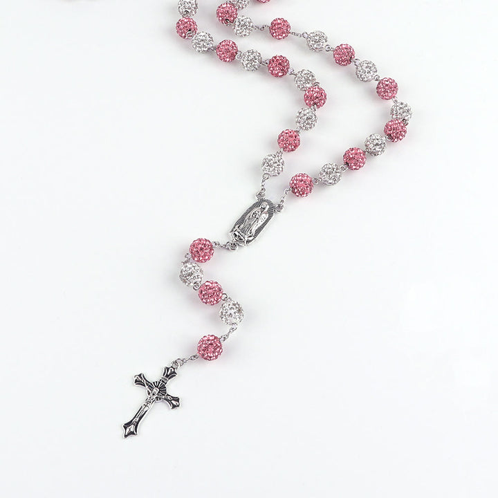 Christianartworkshop Chapelet Notre-Dame de Guadalupe et crucifix de 10 mm de diamètre, en pâte polymère rose et blanche, avec chaîne en alliage. - image 1