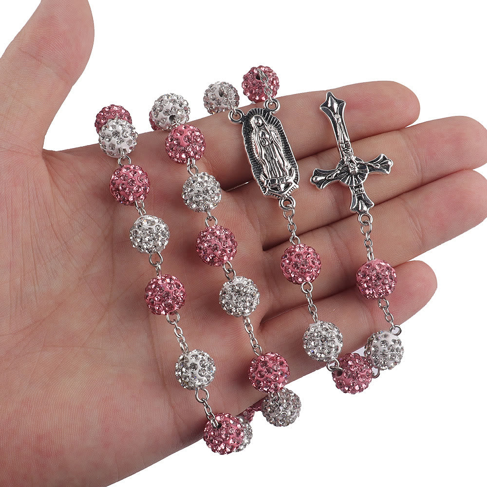 Christianartworkshop Chapelet Notre-Dame de Guadalupe et crucifix de 10 mm de diamètre, en pâte polymère rose et blanche, avec chaîne en alliage. - image 4