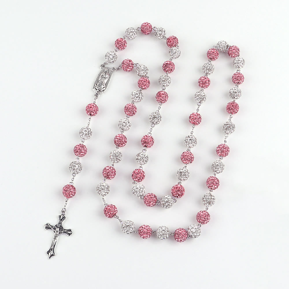 Christianartworkshop Chapelet Notre-Dame de Guadalupe et crucifix de 10 mm de diamètre, en pâte polymère rose et blanche, avec chaîne en alliage. - Rose et blanc - image 0