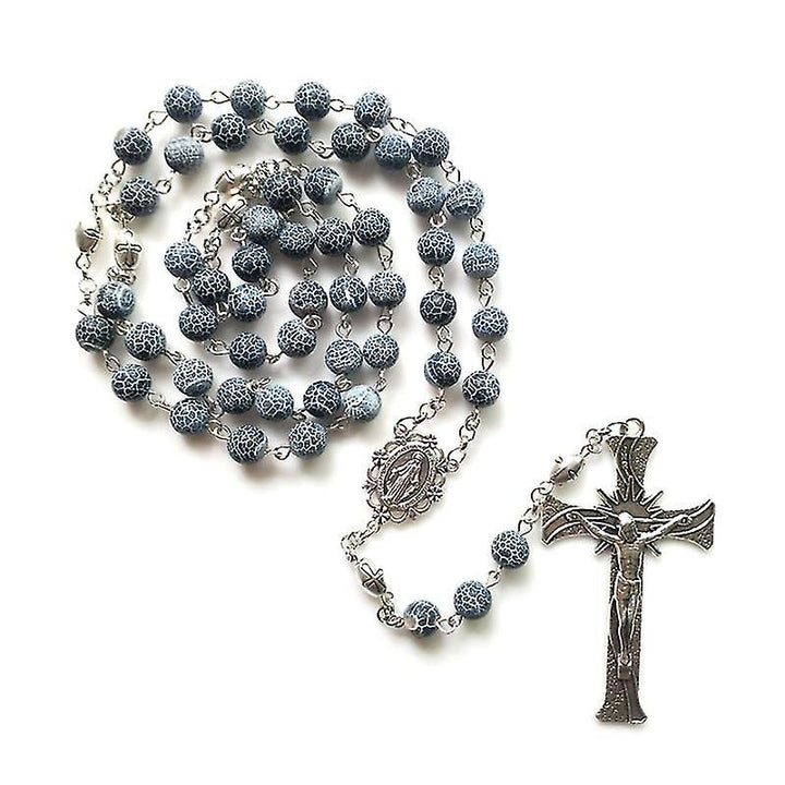 Christianartworkshop Médaille miraculeuse et crucifix en agate bleue patinée ronde de 8 mm, chaîne en alliage, chapelet - Bleu - image 0
