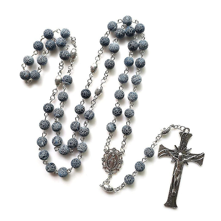 Christianartworkshop Médaille miraculeuse et crucifix en agate bleue patinée ronde de 8 mm, chaîne en alliage, chapelet - image 3