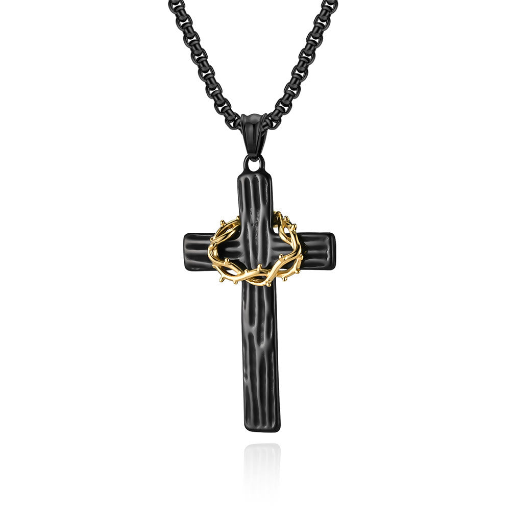 Christianartworkshop Collier pendentif croix couronne d'épines de Jésus style moderne, symbole de protection sacrée - Noir et or - image 4