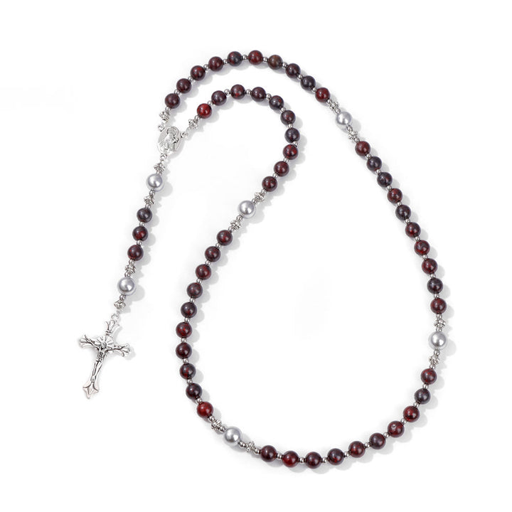 Christianartworkshop Médaille de prière Notre-Dame en pierre naturelle et perle - Vin profond - image 14