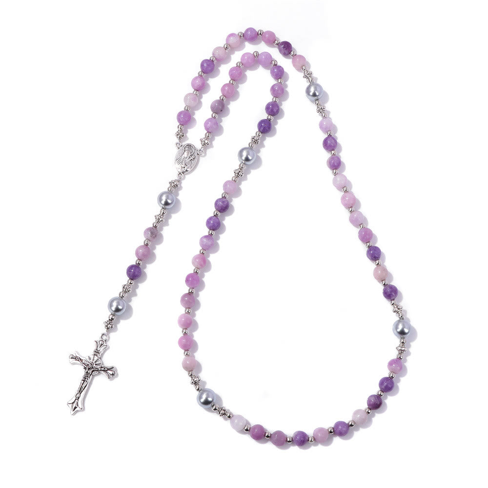 Christianartworkshop Médaille de prière Notre-Dame en pierre naturelle et perle - Mica violet - image 8
