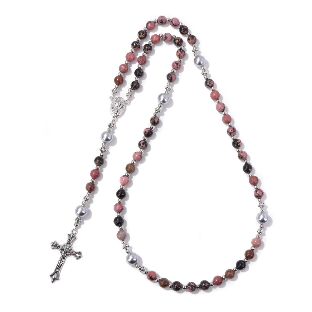 Christianartworkshop Médaille de prière Notre-Dame en pierre naturelle et perle - Motif noir et rose - image 12
