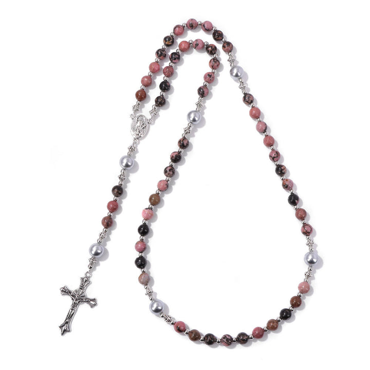 Christianartworkshop Médaille de prière Notre-Dame en pierre naturelle et perle - Motif noir et rose - image 12
