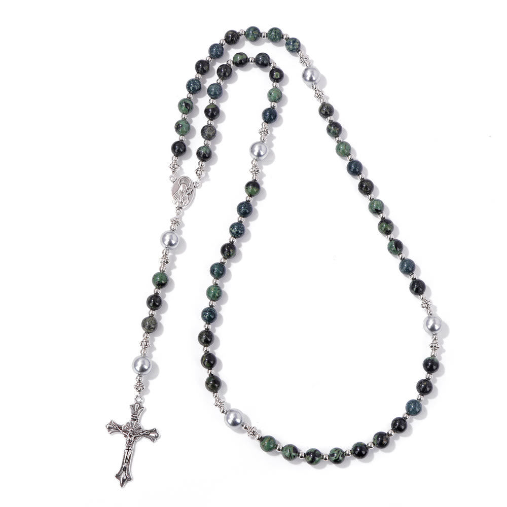 Christianartworkshop Médaille de prière Notre-Dame en pierre naturelle et perle - Plume de moineau - image 10