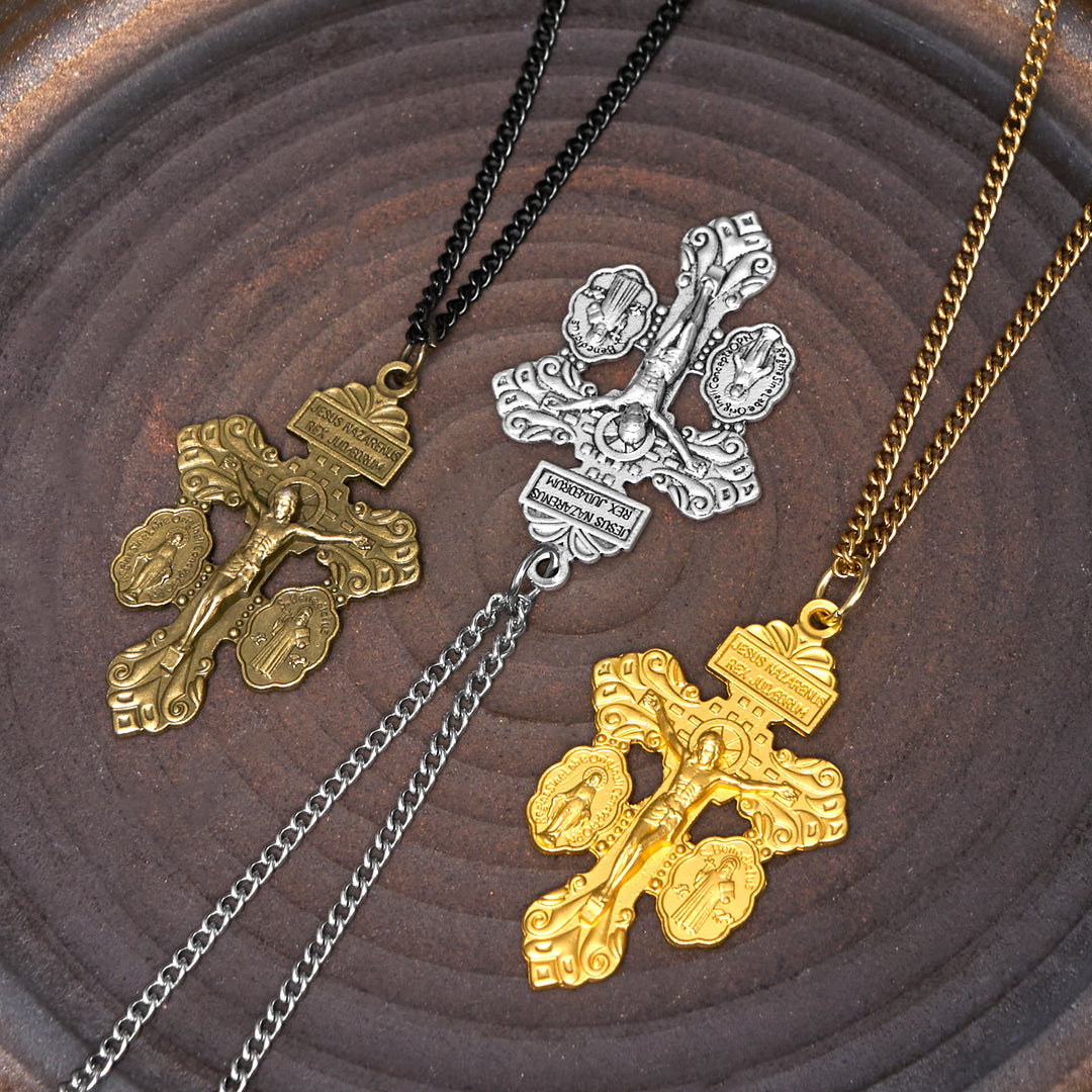 Christianartworkshop Collier pendentif crucifix du pardon, style classique, 3 couleurs, gravé double face - Argent - image 0