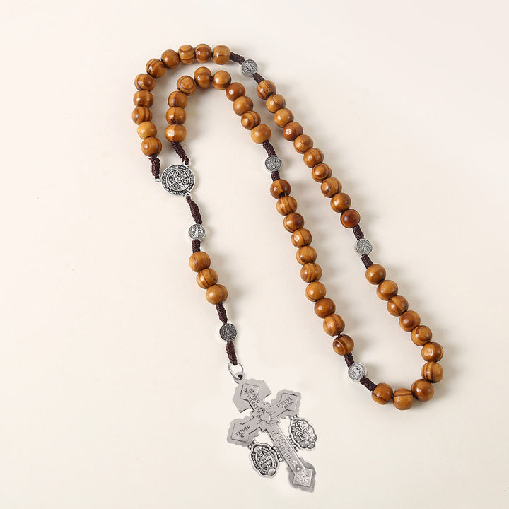 Christianartworkshop Médaille de Saint Benoît et crucifix du pardon, chapelet en bois brun rond de 10 mm avec cordon en nylon - image 2