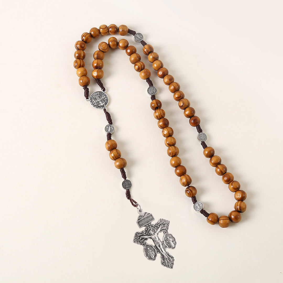 Christianartworkshop Médaille de Saint Benoît et crucifix du pardon, chapelet en bois brun rond de 10 mm avec cordon en nylon - image 1