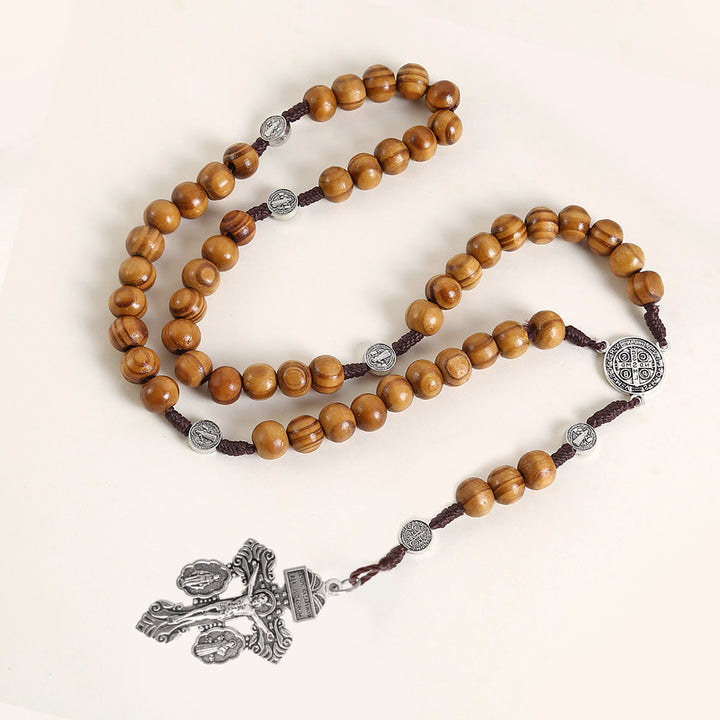 Christianartworkshop Médaille de Saint Benoît et crucifix du pardon, chapelet en bois brun rond de 10 mm avec cordon en nylon - Brun - image 0