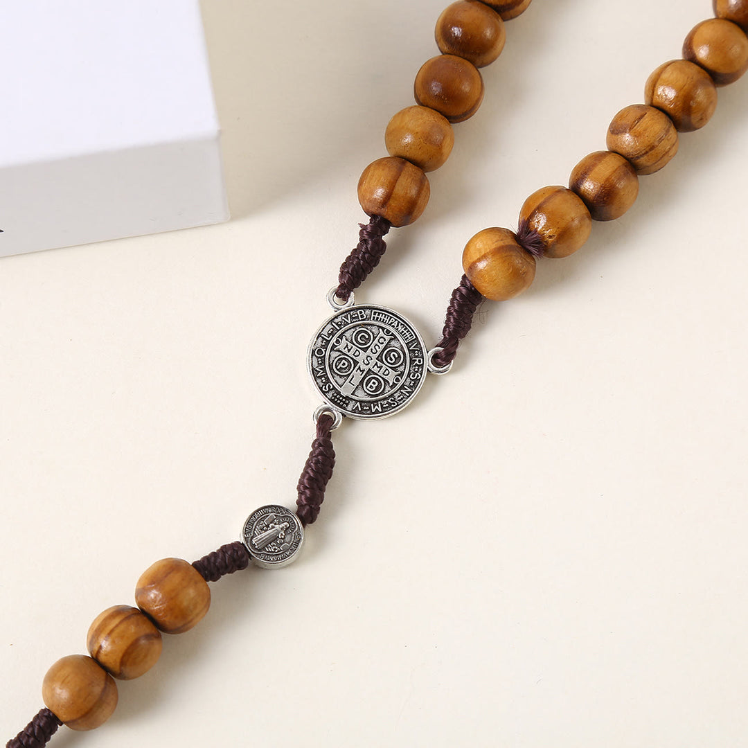 Christianartworkshop Médaille de Saint Benoît et crucifix du pardon, chapelet en bois brun rond de 10 mm avec cordon en nylon - image 3