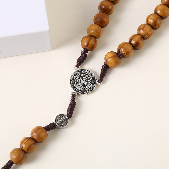 Christianartworkshop Médaille de Saint Benoît et crucifix du pardon, chapelet en bois brun rond de 10 mm avec cordon en nylon - image 3