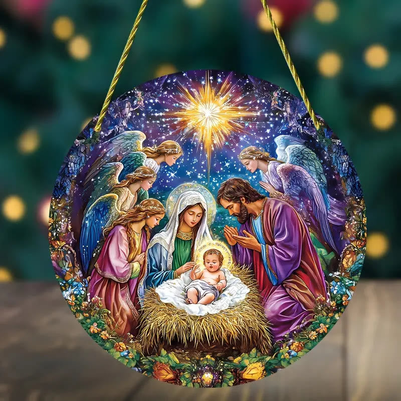 Christianartworkshop Crèche contemporaine colorée avec ornements suspendus en forme de moutons teintés - 7,87''/20 cm - image 0