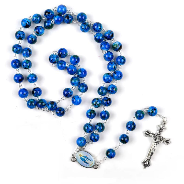 Christianartworkshop Crucifix de l'Assomption de Notre-Dame et du Pardon, en pierre naturelle bleue ronde de 6 mm, avec chaîne en alliage - image 3