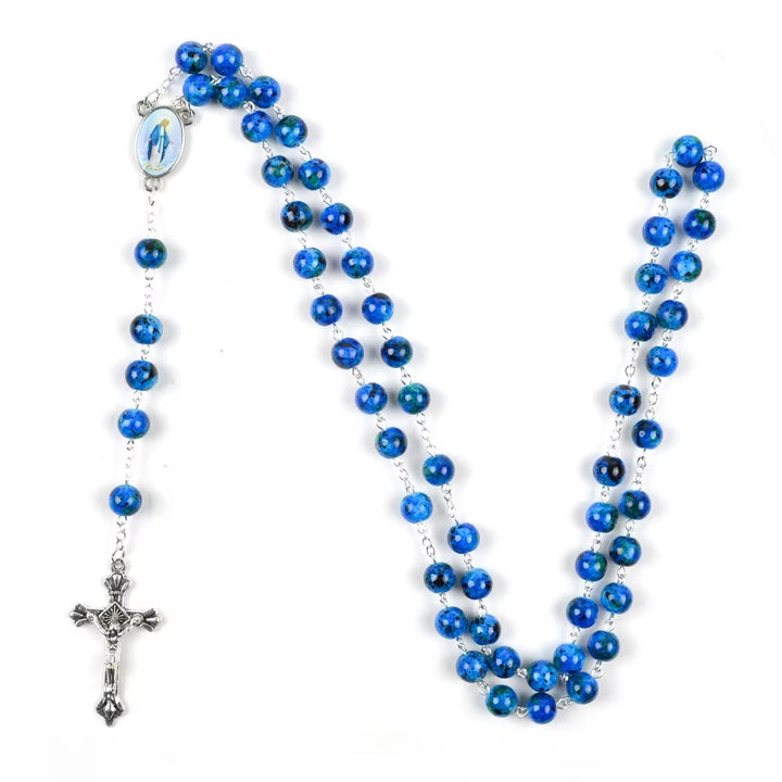 Christianartworkshop Crucifix de l'Assomption de Notre-Dame et du Pardon, en pierre naturelle bleue ronde de 6 mm, avec chaîne en alliage - image 2