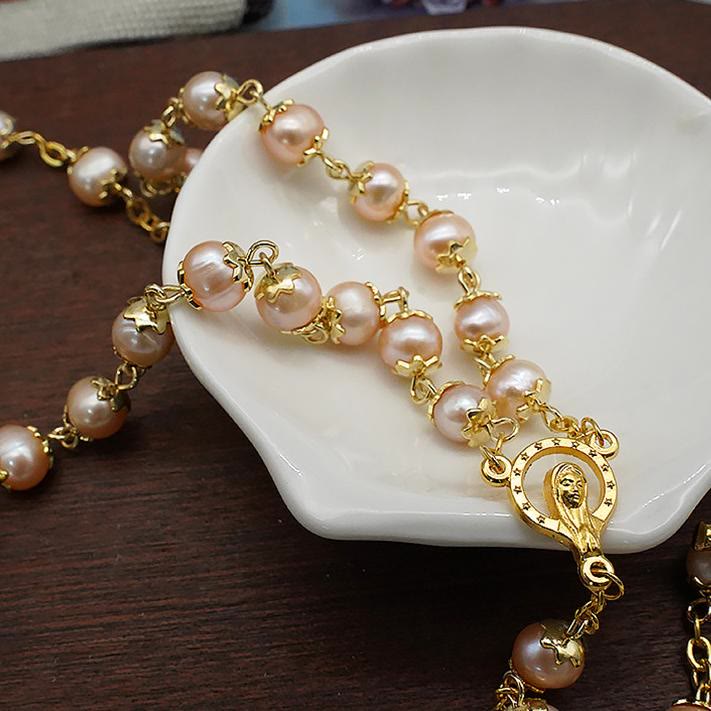 Christianartworkshop Chapelet en alliage de perles rondes champagne de 7 x 8 mm avec croix et Vierge Marie - image 2