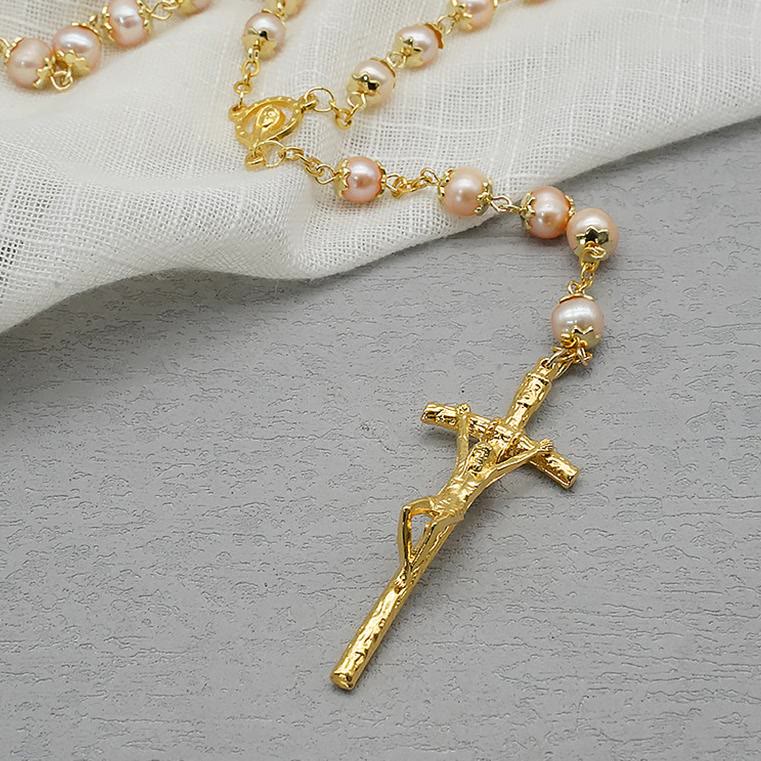 Christianartworkshop Chapelet en alliage de perles rondes champagne de 7 x 8 mm avec croix et Vierge Marie - image 4