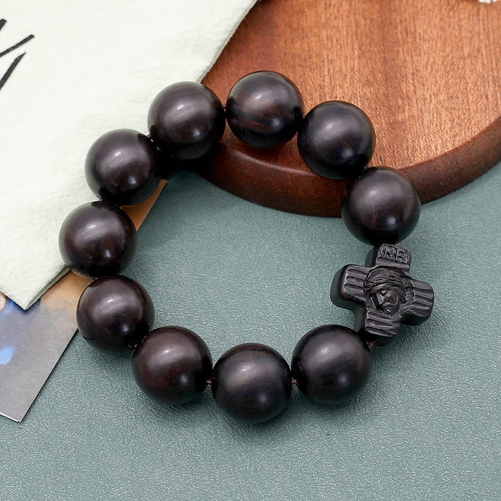 Bracelet chapelet classique en bois de santal noir avec croix de Jésus-Christ, signé Christianartworkshop - 20 mm - image 0