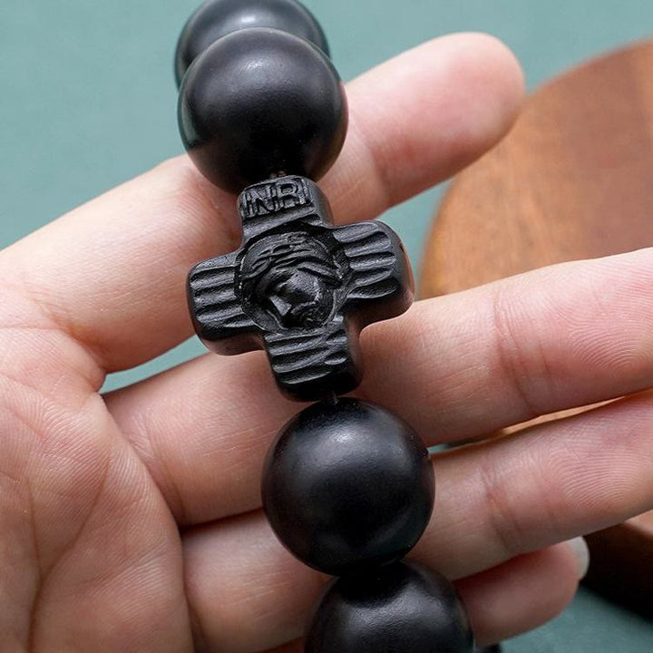 Bracelet chapelet classique en bois de santal noir avec croix de Jésus-Christ, signé Christianartworkshop - image 11