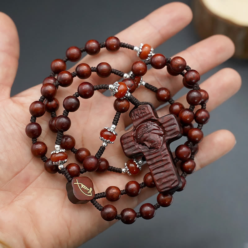 Christianartworkshop Chapelet en corde de nylon marron/noir en bois de santal, orné d'une croix de Jésus de 8 mm de diamètre. - image 1