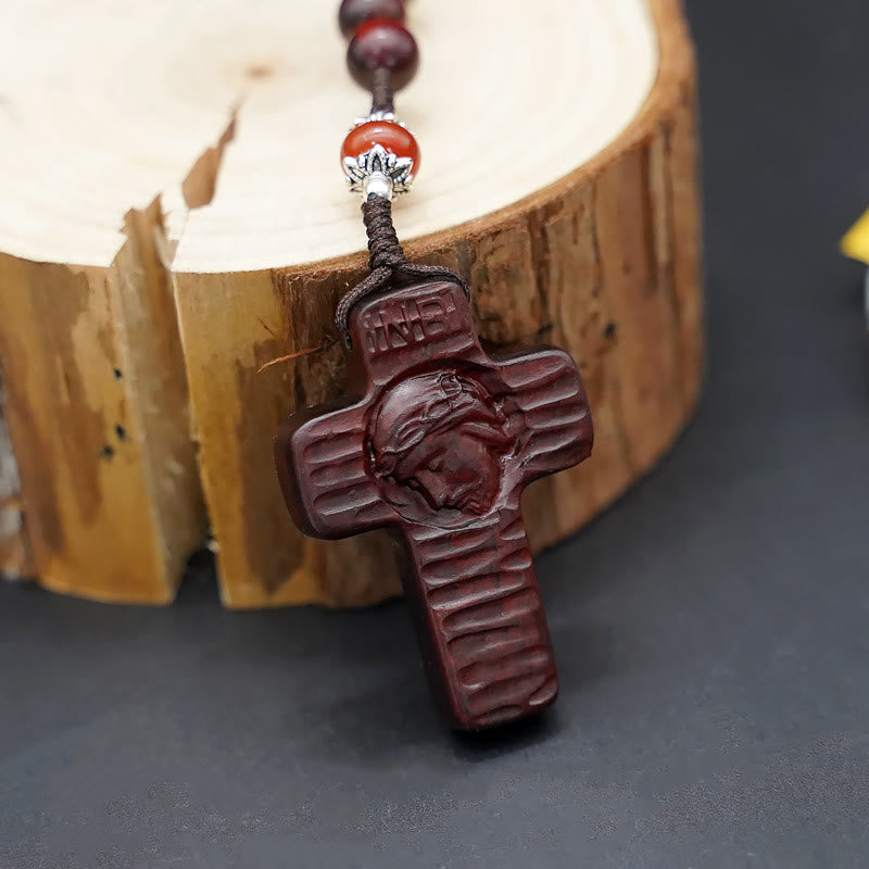 Christianartworkshop Chapelet en corde de nylon marron/noir en bois de santal, orné d'une croix de Jésus de 8 mm de diamètre. - image 5
