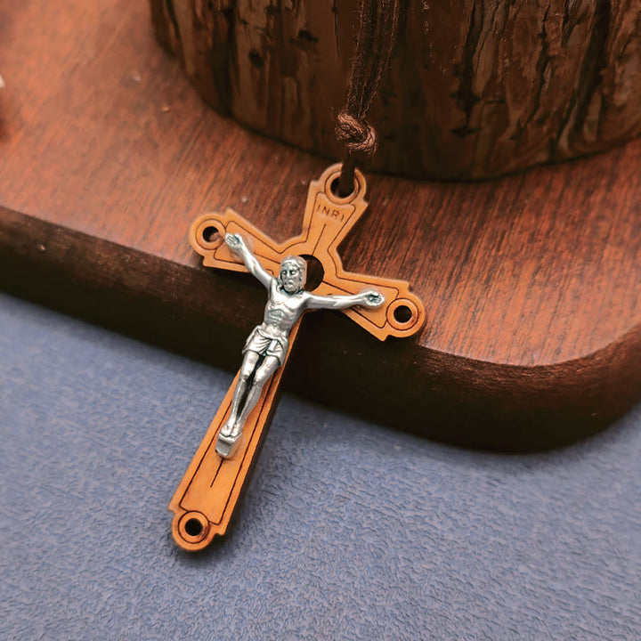Christianartworkshop Collier pendentif crucifix en bois d'olivier de style classique, symbole de dévotion et de bénédiction - image 1