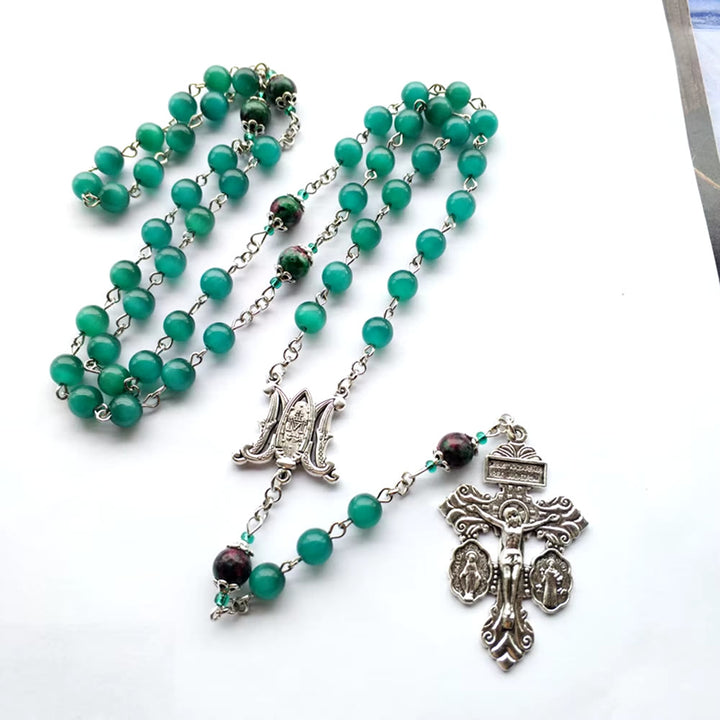 Christianartworkshop Chapelet en alliage avec médaille miraculeuse, médaille de saint Benoît et crucifix en pierre œil-de-chat verte ronde de 8 mm - Vert - image 0