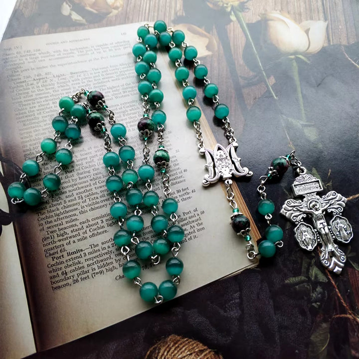 Christianartworkshop Chapelet en alliage avec médaille miraculeuse, médaille de saint Benoît et crucifix en pierre œil-de-chat verte ronde de 8 mm - image 1