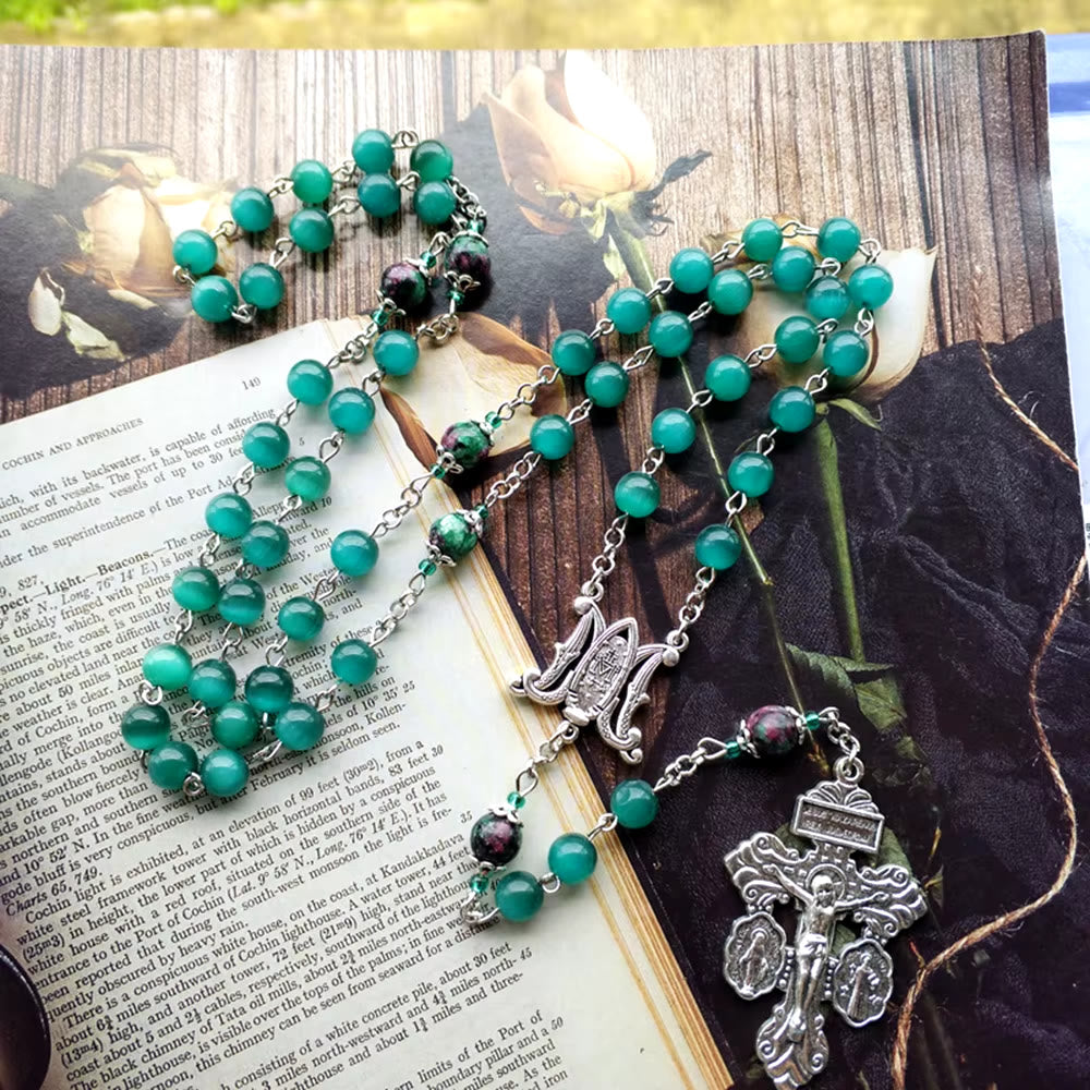 Christianartworkshop Chapelet en alliage avec médaille miraculeuse, médaille de saint Benoît et crucifix en pierre œil-de-chat verte ronde de 8 mm - image 2