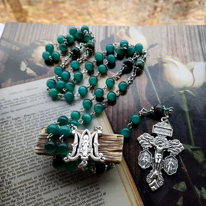 Christianartworkshop Chapelet en alliage avec médaille miraculeuse, médaille de saint Benoît et crucifix en pierre œil-de-chat verte ronde de 8 mm - image 3