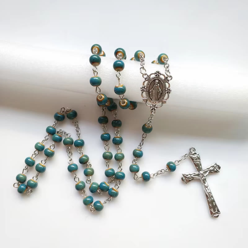 Christianartworkshop Médaille miraculeuse et crucifix en alliage de céramique bleue ronde de 6 mm, chapelet - image 1