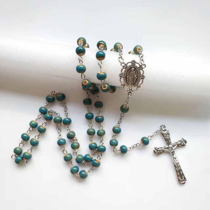 Christianartworkshop Médaille miraculeuse et crucifix en alliage de céramique bleue ronde de 6 mm, chapelet - image 1