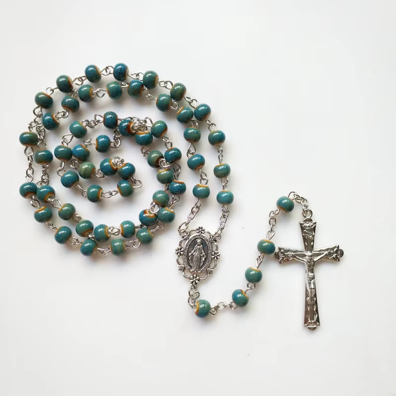 Christianartworkshop Médaille miraculeuse et crucifix en alliage de céramique bleue ronde de 6 mm, chapelet - Bleu - image 0